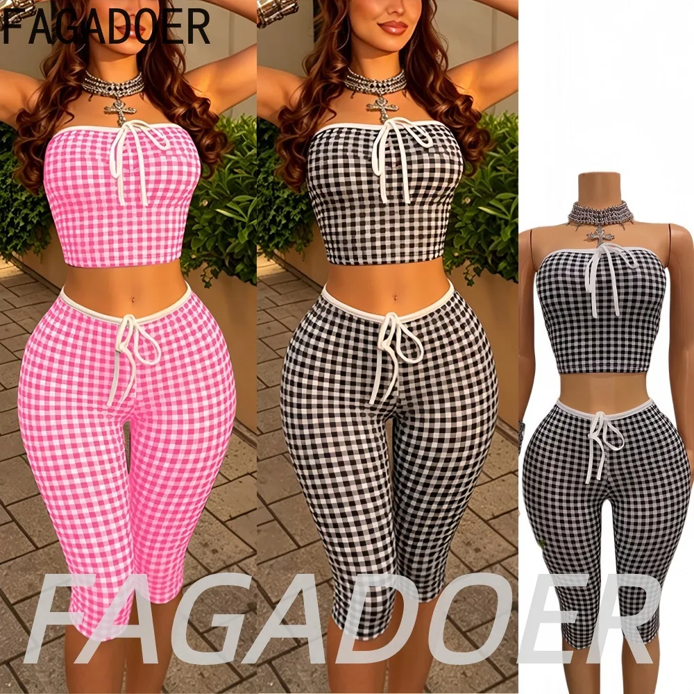 

FAGADOER Women Sweet Plaid Print Shorts Two Piece Sets Fashion Lace-up Patchwork Off Shoulder Crop Top + Bodycon Shorts Outfits
