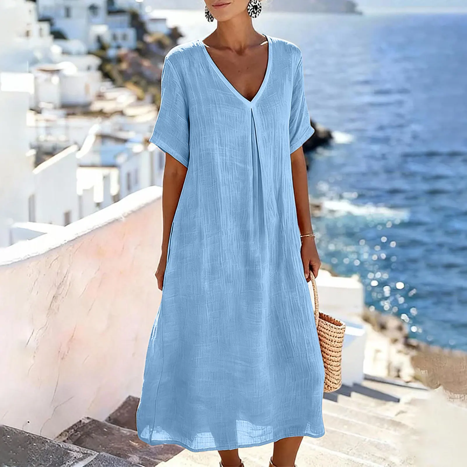 Women 2026 Summer Solid Loose Midi Dress V Neck Short Sleeve Pleated Cotton Linen Ladies Holiday Daily Fashion Long Dress