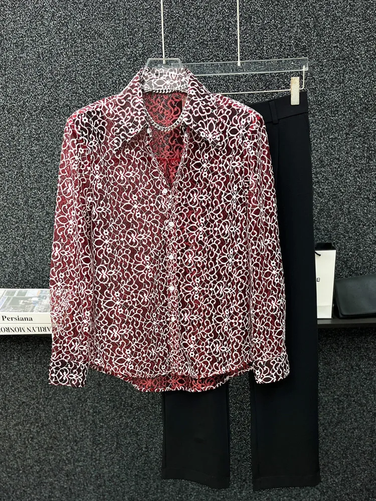 Spring Summer Men's Printed Shirt European and American Casual Fashion Luxury Design Loose Long Sleeve Hollow Out Mesh Shirts
