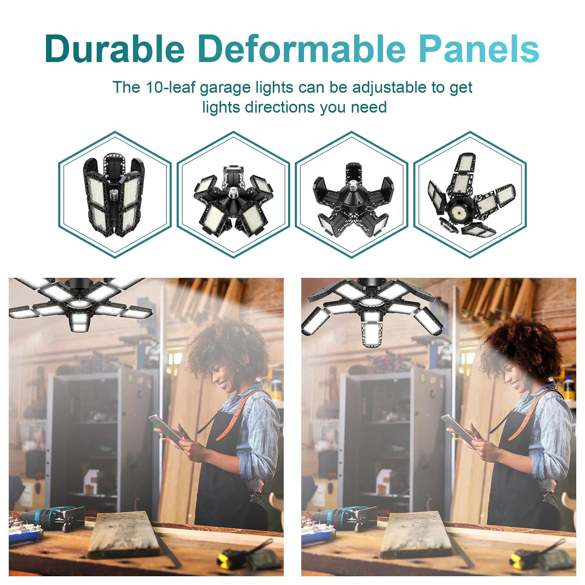 LED Garage Light with 3/5/10 Adjustable Panels Ceiling Light E27/E26 LED Bulb Night Lamp for Workshop Garage Industrial Lighting