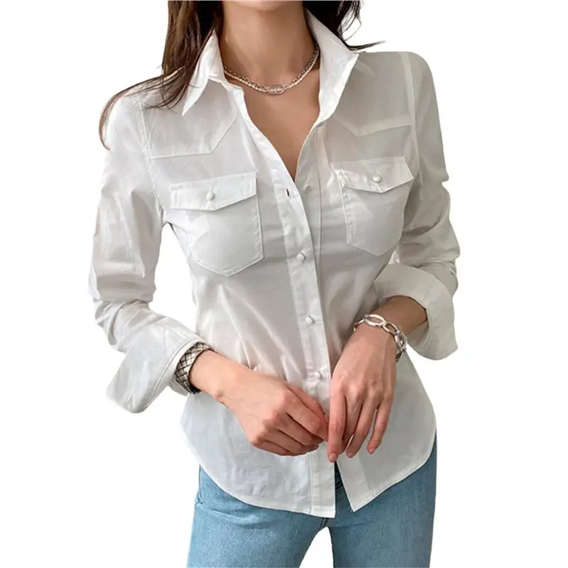 

ABRT-Women Button Down Shirts Long Sleeve Collared Office Work Blouses Beach Tops With Pockets