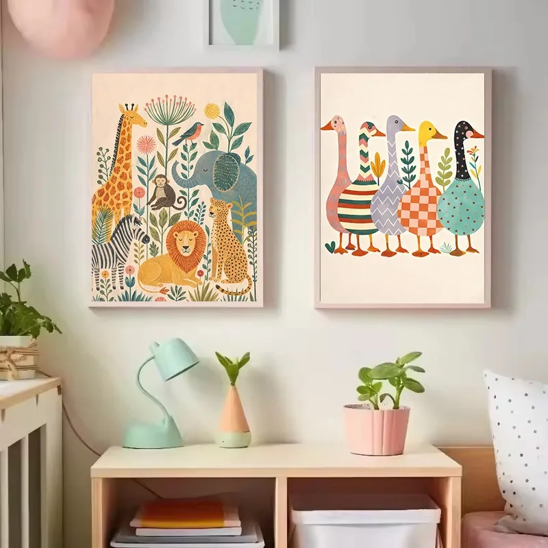 Vintage Playground Children Safari Jungle Animals Otter,Duck Nursery Poster Canvas Painting Wall Art Pictures Home Decor