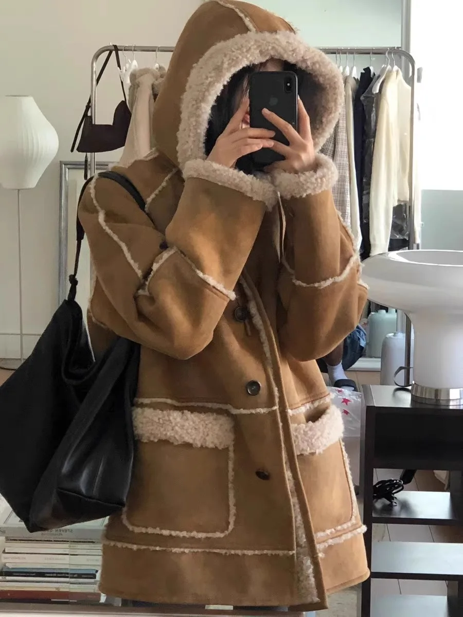 여성용 모피 코트 인조 가죽 및 모피 겨울 초기 시즌 후드 단추 하나 친환경 따뜻한 롱 코트...