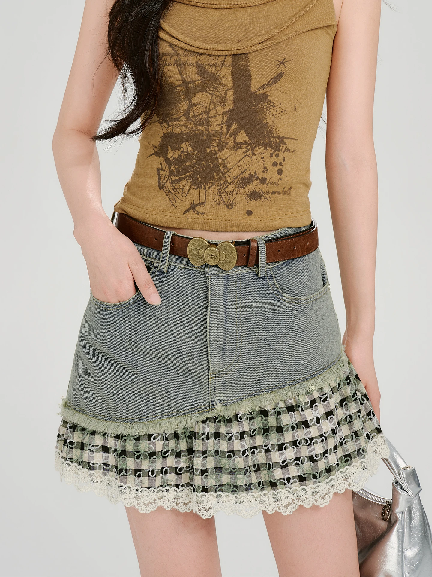 Girlyhalo American Retro Washed Denim A-Line  Skirt Women Summer New Plaid Splicing Half-length Skirts Slim Fit mid Waist