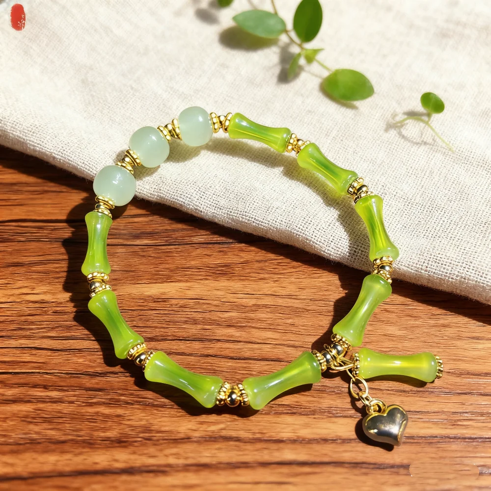 

Jewelry Bracelet Fashion White Chalcedony Unique Bamboo Green Women's Bracelets Handmade Luck Resilience Love