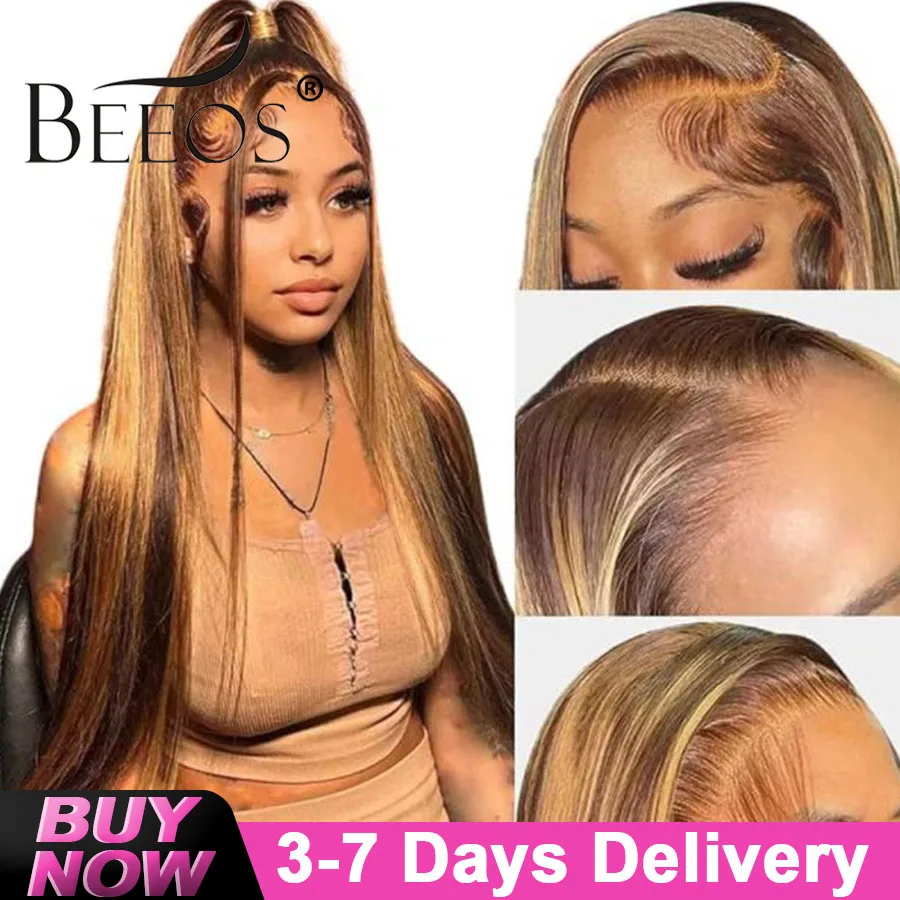 

34in 4/27 Highlight 13x4 HD Lace Frontal Wigs Human Hair Straight 13x6 HD Transparent Lace Front Wigs Colored Honey Blonde 250%