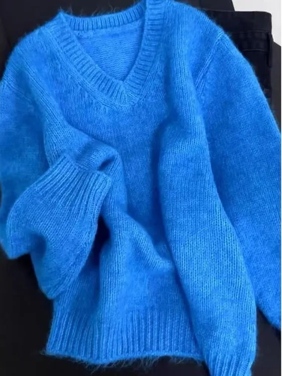 

Soft Long Sve Women's Knitted Sweater Beautiful Blue Lazy Sle Winter Faion Trendy V-Ne Casual Comfortable Loose Fit