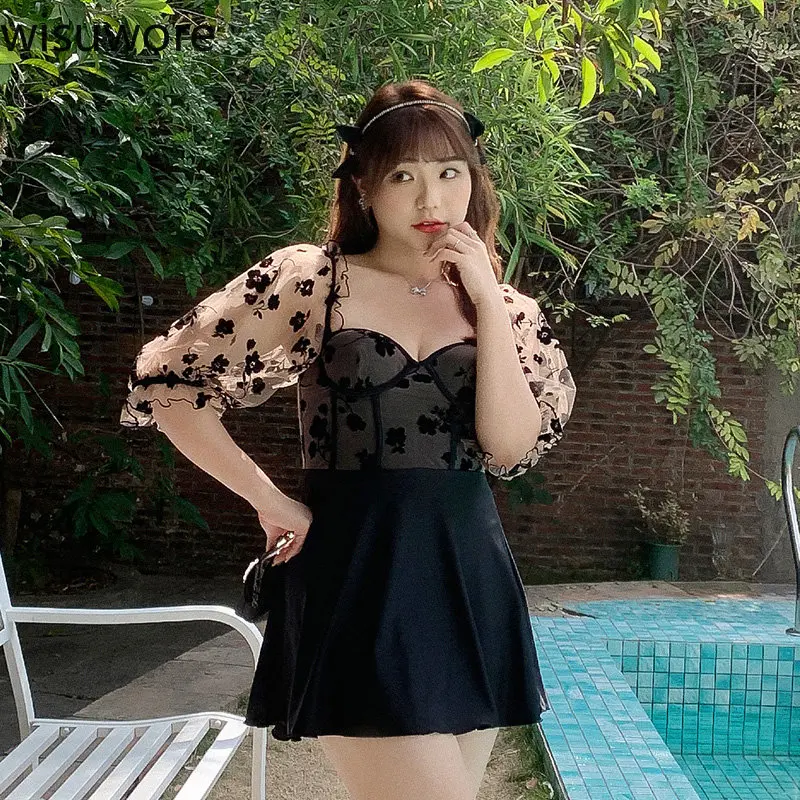 

Wisuwore Sexy Black Print One Piece Swimsuit Women Lace Patchwork Mid-Sleeve Swimwear Plus Size Swimwear Bathing Suit Beachwear