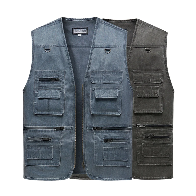 Men's Denim Vest Jacket Casual Sleeveless Waistcoat Driver Cyclist Jackets Multi-pocket Zipper Army Green Blue Work Cargo Vests