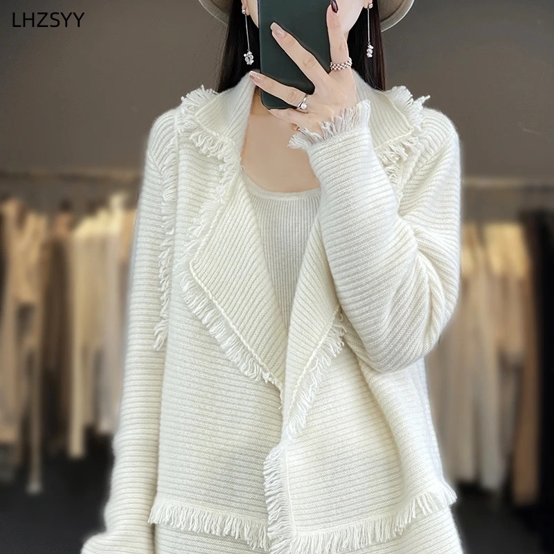 LHZSYY Lapel Cashmere Cardigan Women\'s Fashion Large Size Jacket Sweater Autumn New Knit Shawl Coat High-End Loose Female Blouse