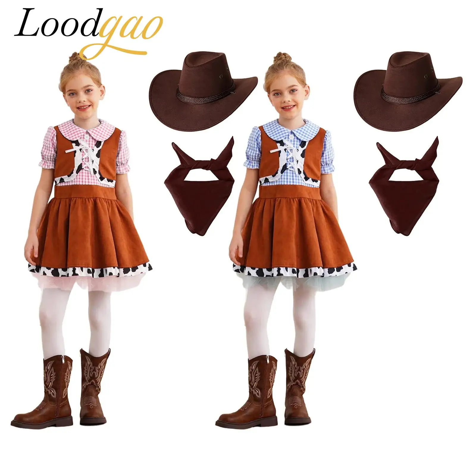 

Girls Western Cowgirl Costume Set Cow Print Theme Party Dress Halloween Fancy Dress Rave Carnival Outfit Cowboy Dress Up