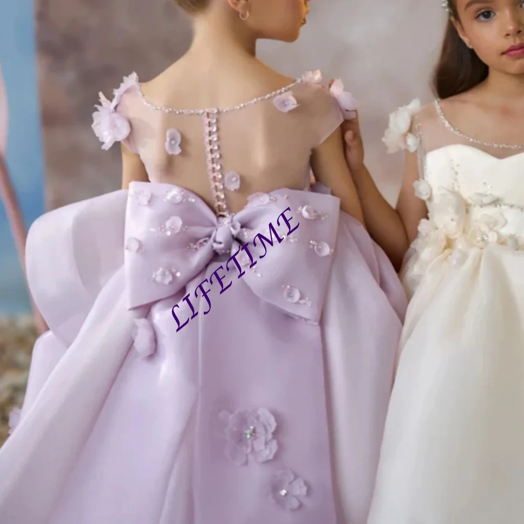 Sukienki dla dziewczynek na występy taneczne, luksusowe, fioletowe, zdobione koralikami, z kwiatami 3D, urocze, z kokardą, sukienka księżniczki, strój na wesele dla dzieci.