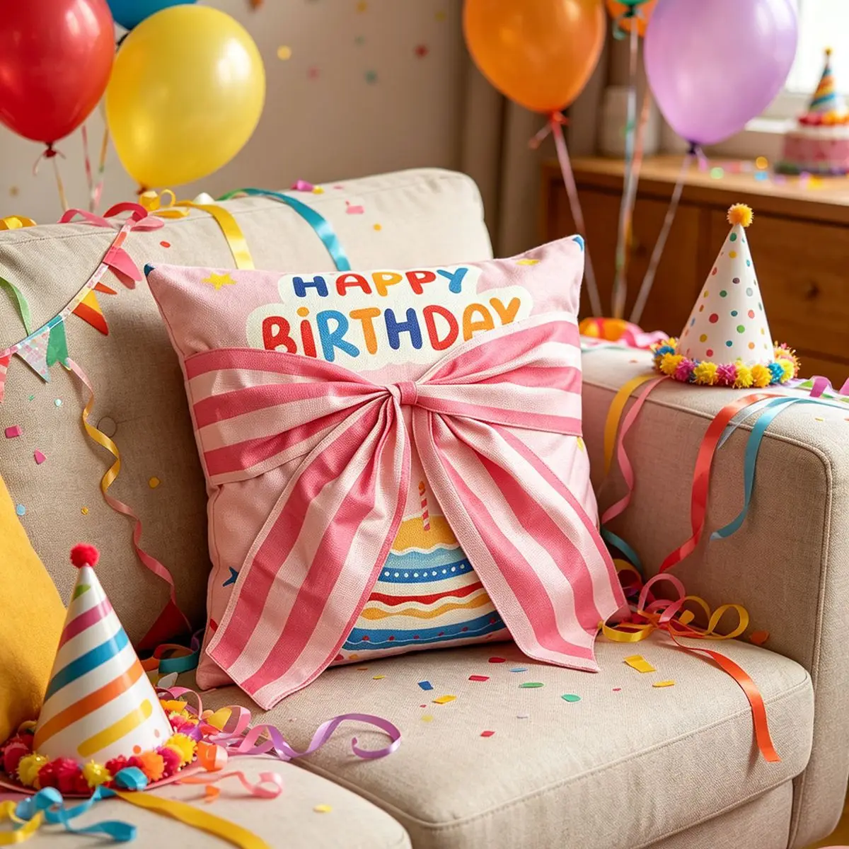 2 Stück Geburtstagsparty-Schleifenkissenbezug Cojines Happy Birthday Buchstaben-Druck Kopfteilkissenbezug Innensofa-Kissenbezüge 45x45 – Detail 3