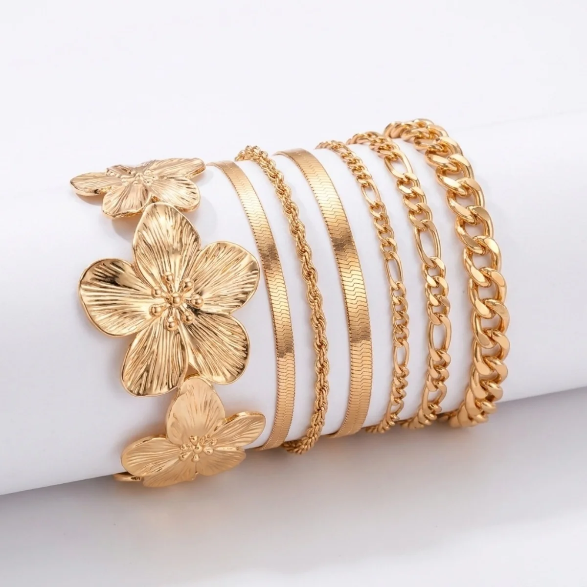 Minimalistische, strukturierte Metall-Blumen-Schlangenkette, stapelbare Armbänder für Damen und Herren, Punk-Figaro-Curb-Twist-Kettenarmreif, Party-Schmuck – Detail 25