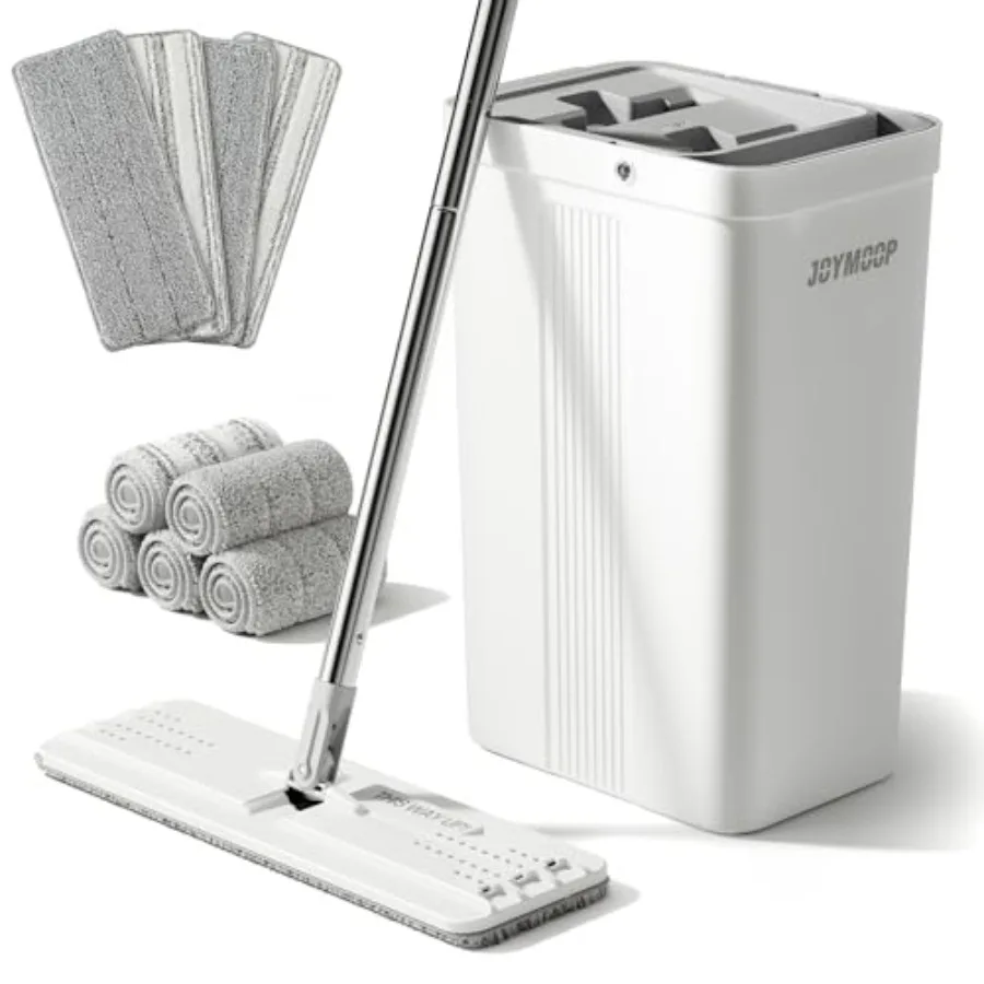 

Швабра и ведро с набором запястье с 50-дюймовой ручкой для швабры с гибкой плоской головкой 13 дюймов и 9 подушечками для швабры из микрофибры — белый