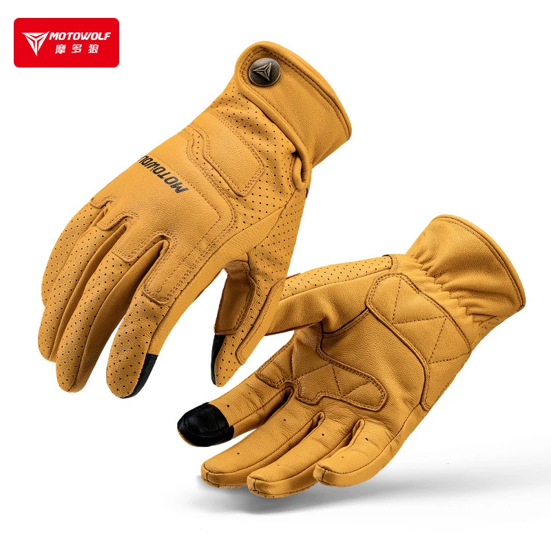 

Motorcycle Leather Gloves Men Motocross Women Motorcycles Accessories Brown Yellow Retro Breathable 오토바이 장갑 Guantes Moto