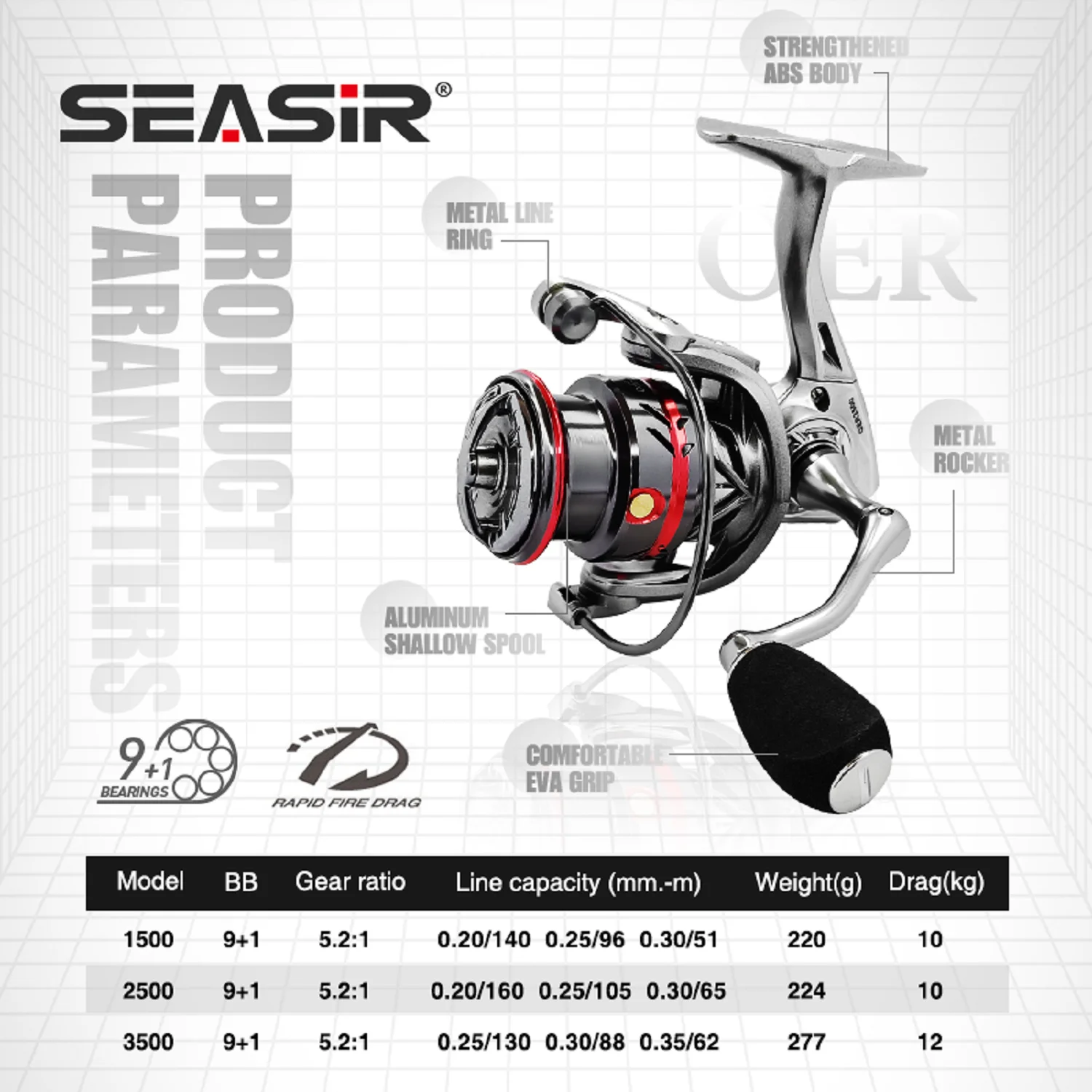 SEASIR OER Spinning Fishing Reel 1500-3500 Long Throw Aluminum Shallow Spool Drag 12kg 5.2:1 9+1BB Freshwater Saltwater Coil