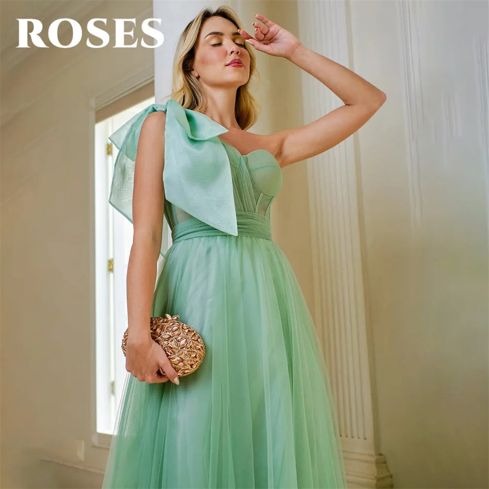 ROSES-vestido de festa, um ombro, pregas em linha A, vestidos de noite com arco alto, vestido de baile verde