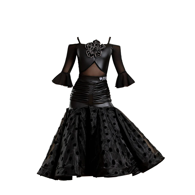 2025 Ragazze con spalle scoperte Maglia Top Grande gonna altalena Sala da ballo Abbigliamento da ballo Vestito da prestazione Valzer Costumi di danza moderna DN22214