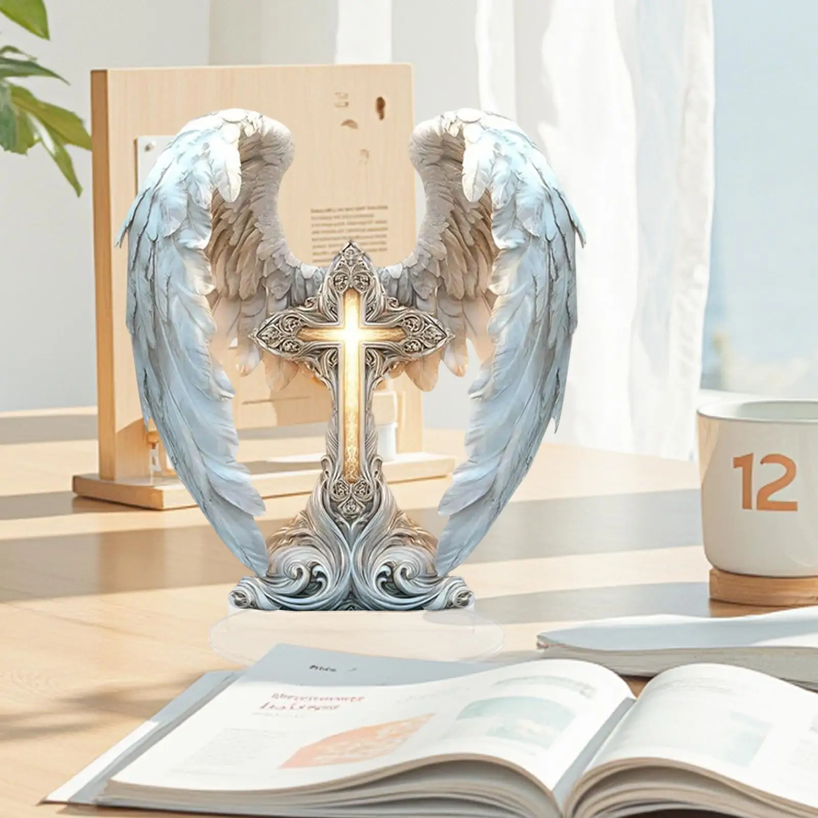 

Angel Wings Cross Decoration Boho Style Angel Wings Cross 2D Acrylic Festive Holiday Desk Display Ornament for Office Living