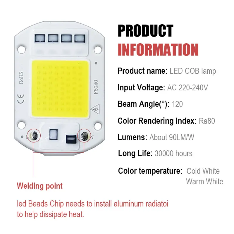 LED chip COB lamp 10W 20W 30W 50W AC 220V LED bulb outdoor light beads can be used for furniture lighting, commodity lighting