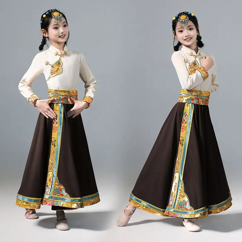 children's-long-sleeve-embroidered-dance-performance-costume-girls'-stage-dance-costume-children's-ethnic-style-top-skirt-li693