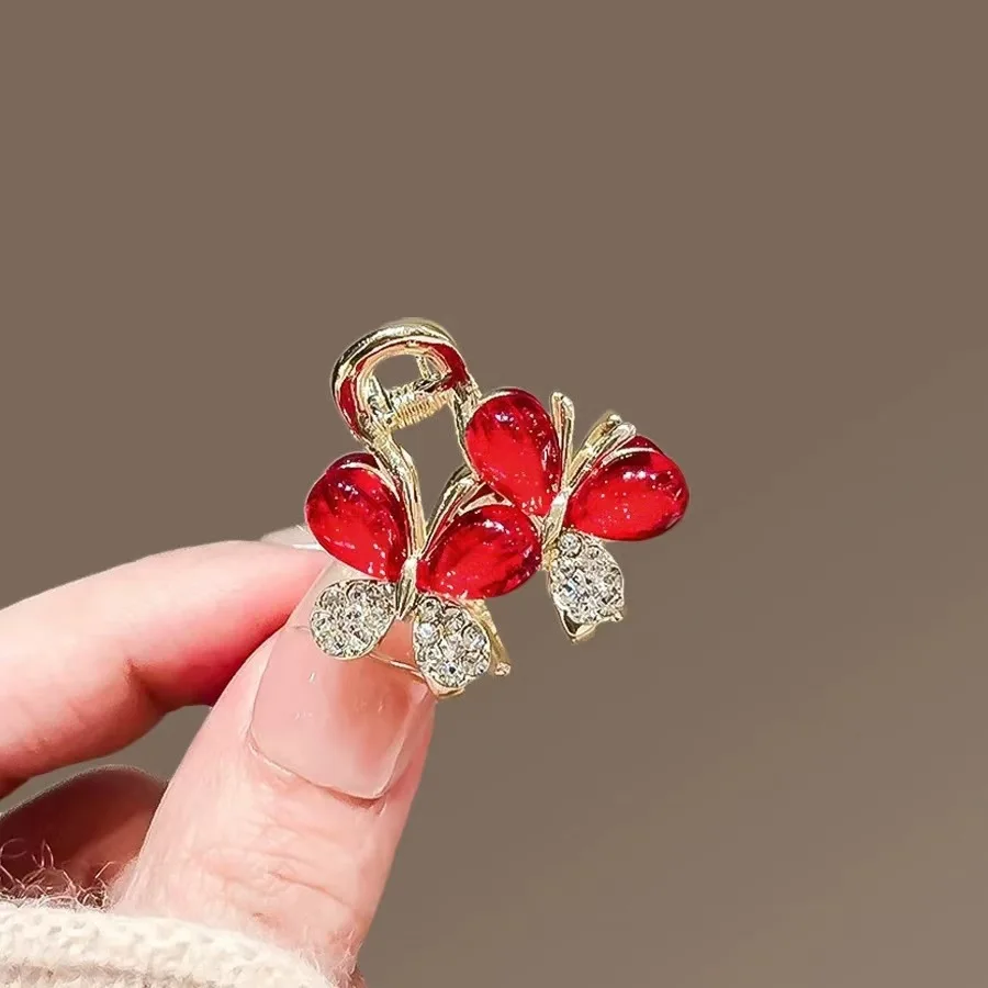 New Year Red Crystal Butterfly Small Hair Claw Women Side Bangs Alloy Hair Slide Autumn and Winter Festival Hair Accessories