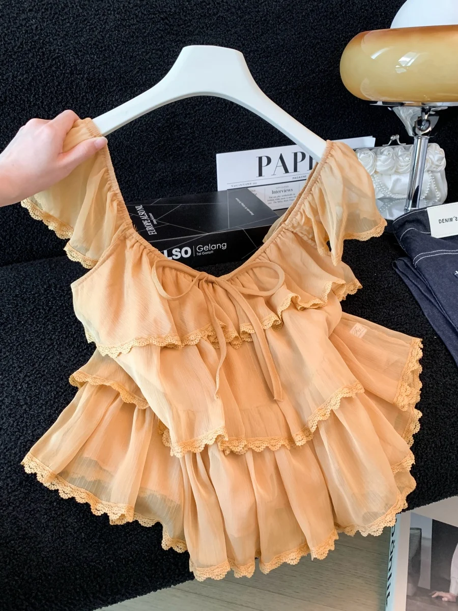

Sweet Style Lace Splice Fly Sleeve Shirt Women Summer New Square Collar Lace Trim Slimming Short Sleeve Top Original Design