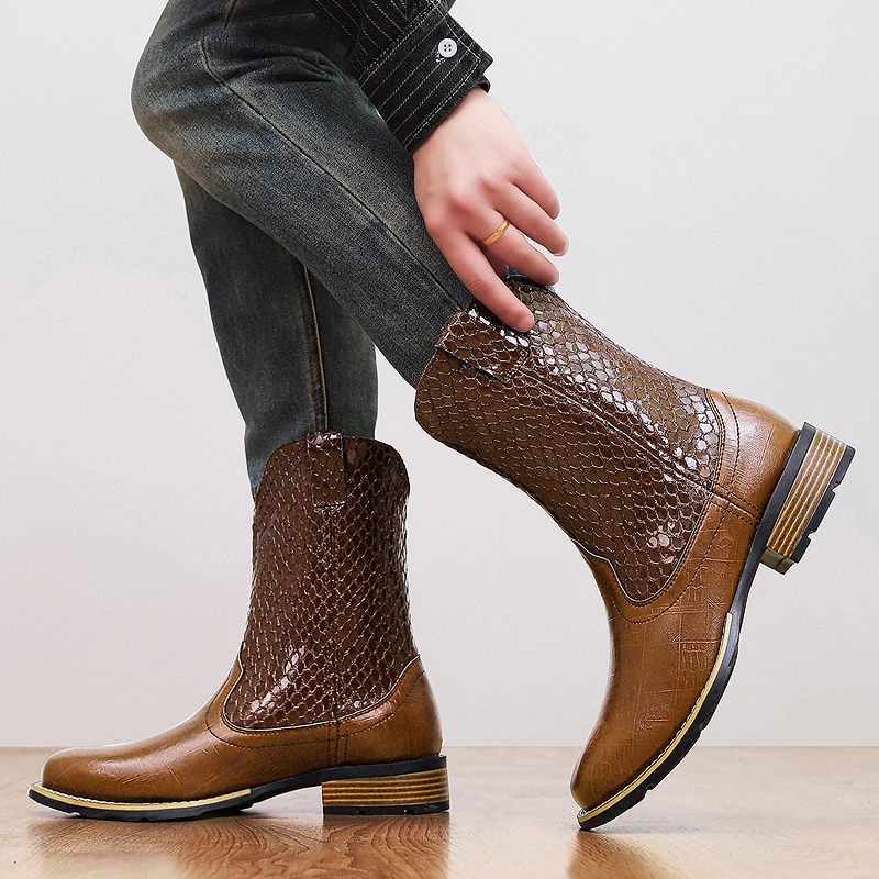 Fashionable New Men's Crocodile Leather Business Casual Trend Boots Winter Brand Men's Western Denim Comfortable Sleeve Boots