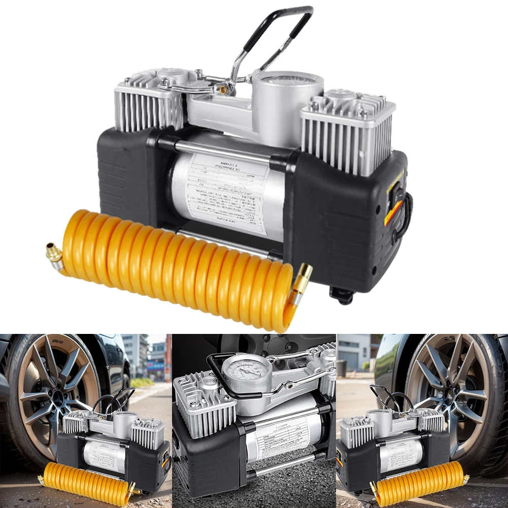 12V 150PSI Heavy Duty Deluxe Portable Metal Air Compressor with Pressure Gauge Car Inflatable Pump Dual Cylinder Mini Compressor