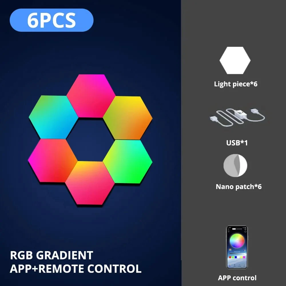 6Pcs RGB Smart Hexagonal Wall Lamp Music Rhythm APP Control Color Changing Night Light For Game Room Bedroom Intelligent