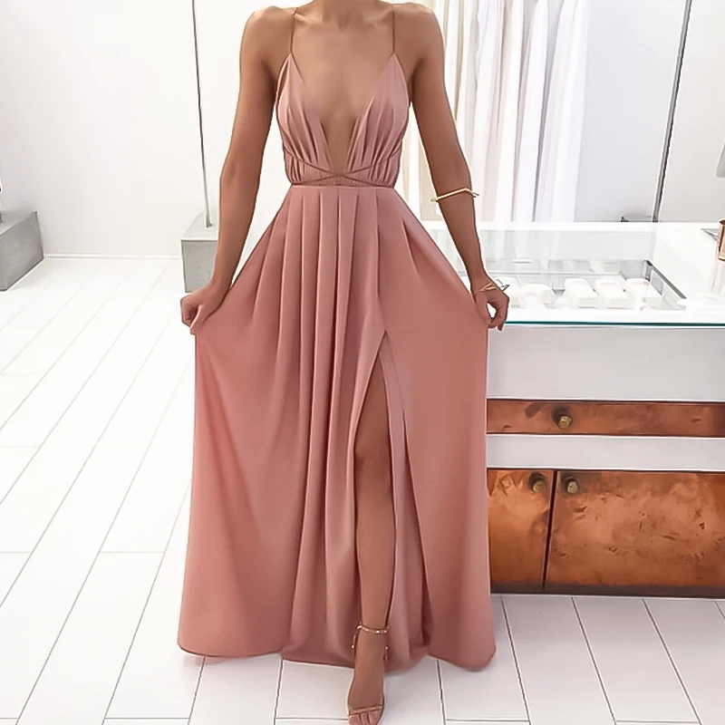 Nieuwe Sexy Vrouwen Boho Mouwloze Zonnejurk Rugloze Lange Jurk Bruidsmeisje Formele Partij Bandage Split Strand Maxi Jurk