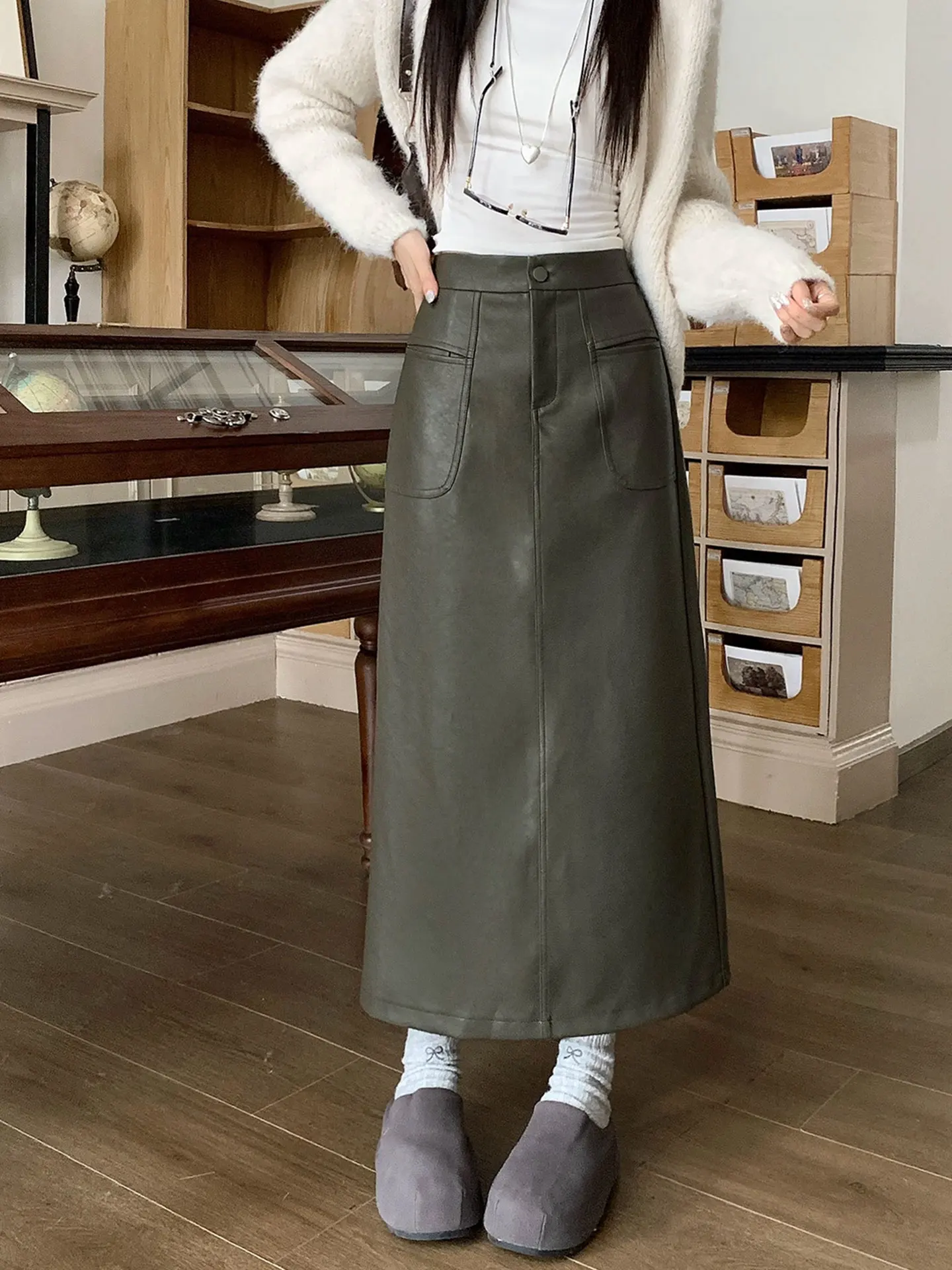 

Юбка из искусственной кожи с высокой талией, женская, больших размеров, модная, с разрезом, в корейском стиле, повседневная, А-силуэт