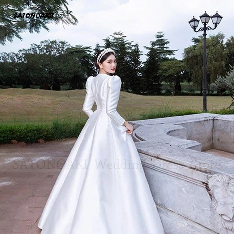 Vestidos De Novia Elegant Satin Wedding Dress 2024 for Women Puff Sleeve O-Neck Princesa Bridal Gown Floor Length Robe Mariée