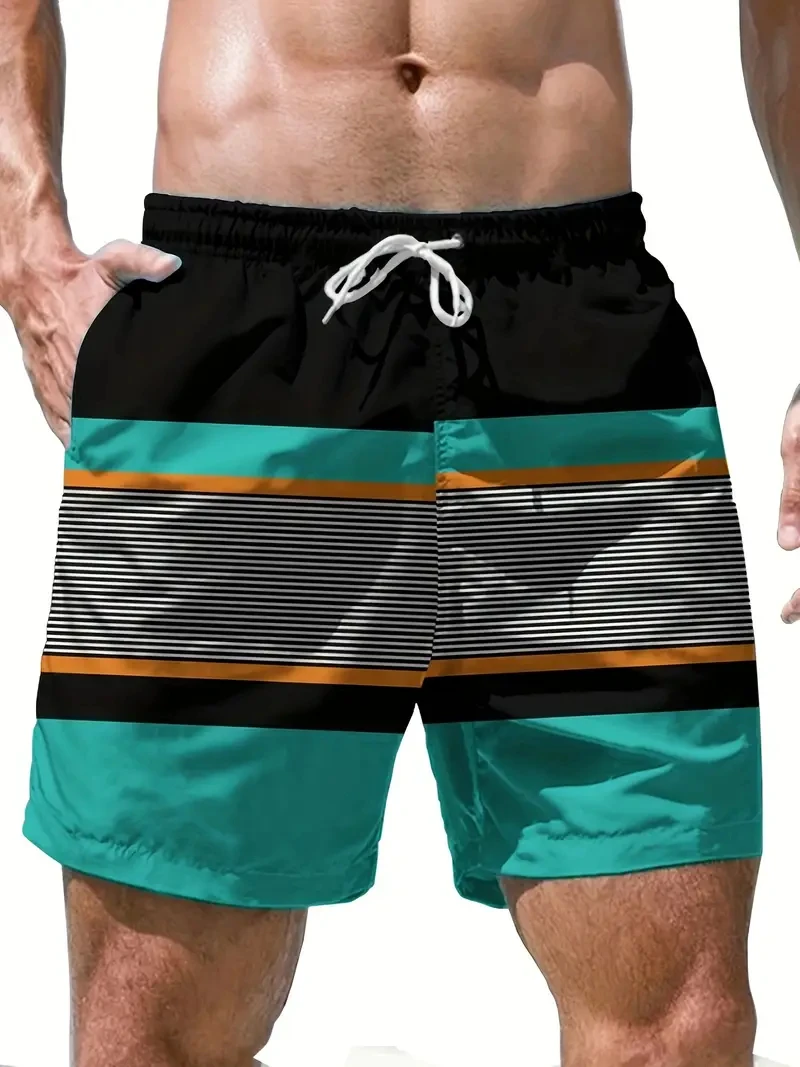 

Трендовые пляжные шорты в полоску с графическим рисунком для мужчин, летние модные плавки с 3D принтом, свободные повседневные уличные гавайские шорты
