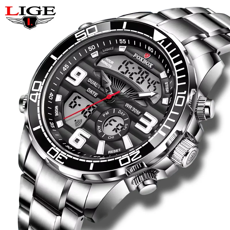 

LIGE Luxury Man Watch Waterproof Luminous Date Week Mens Watch Stainless Steel Quartz Men Watches LED Dual Display Male Clock