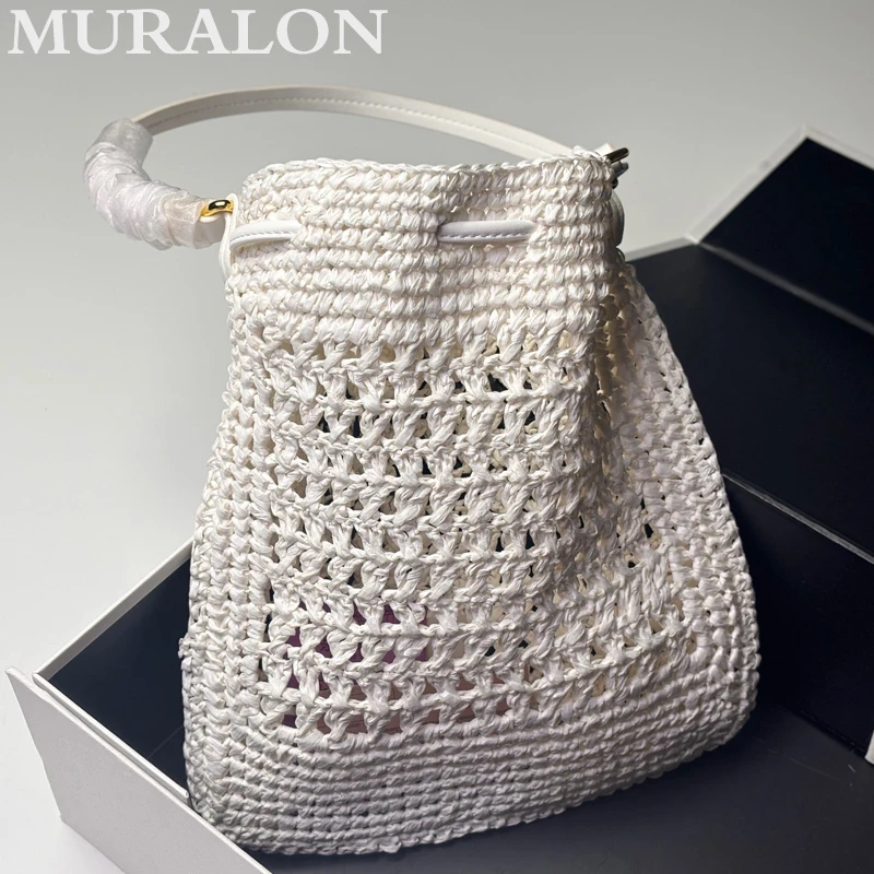 Fashion Versatile Straw Woven Small Tote Bag Summer New Drawstring Hollow Casual Shoulder Underarm Bag Embroidered Square Bag