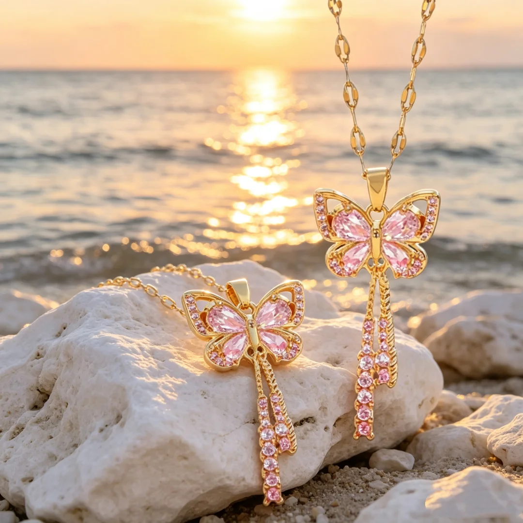 Exquisite Micro Inlaid Zircon Butterfly Tassel Necklace with Titanium Steel, Perfect Gift for Fashion-forward Women