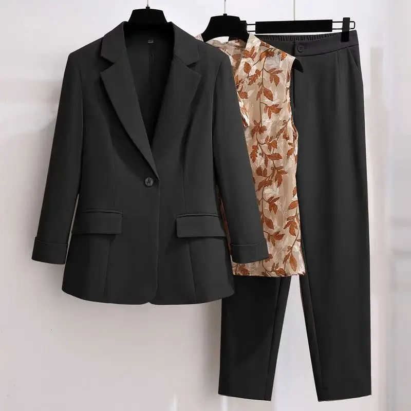 2023 summer new vintage print vest casual jacket blazer wide leg pants three-piece elegant women pants suit office outfit