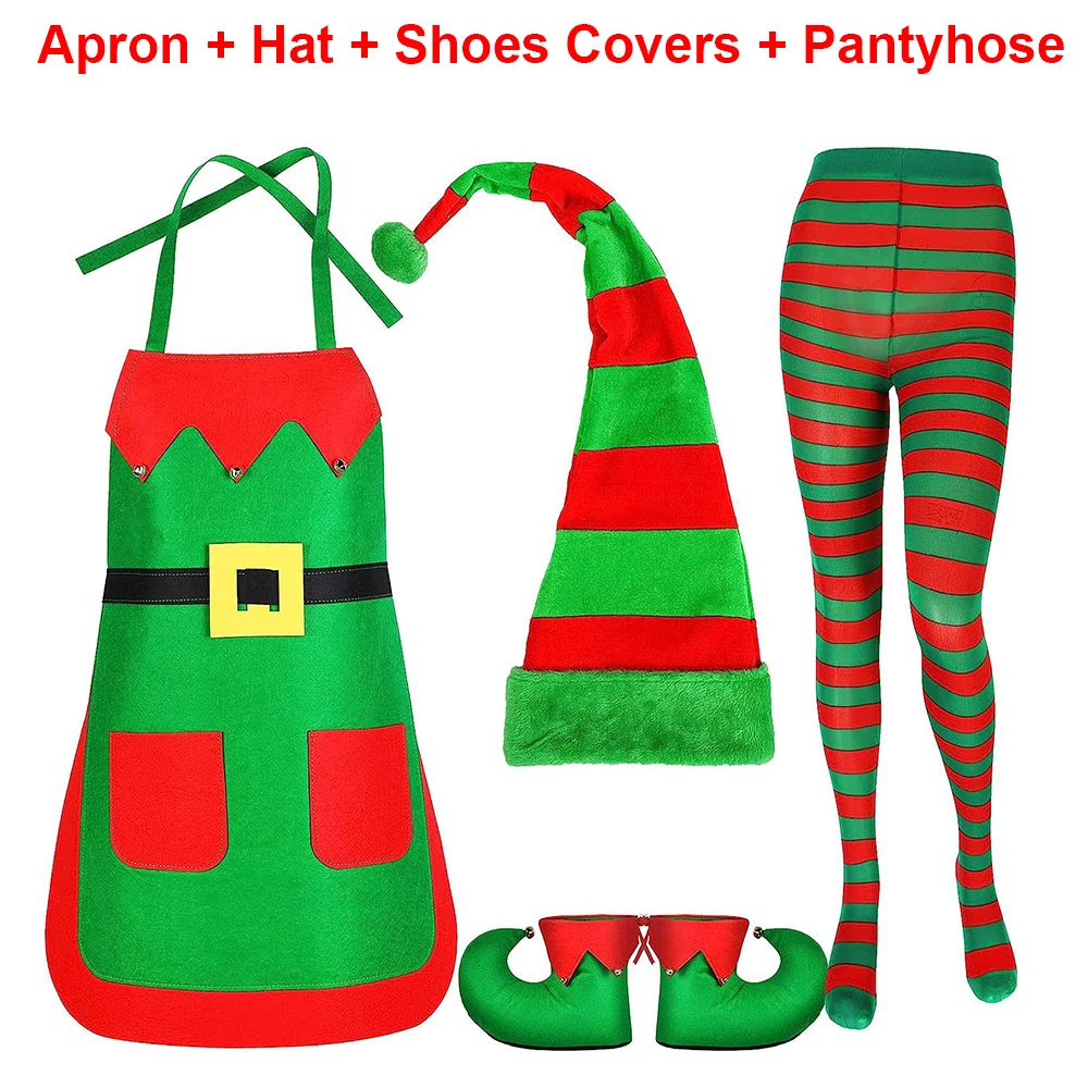 2024 New Christmas Santa Claus Costume Green Elf Cosplay Suit Family Carnival Party New Year Kitchen Apron Hat Socks Clothes Set