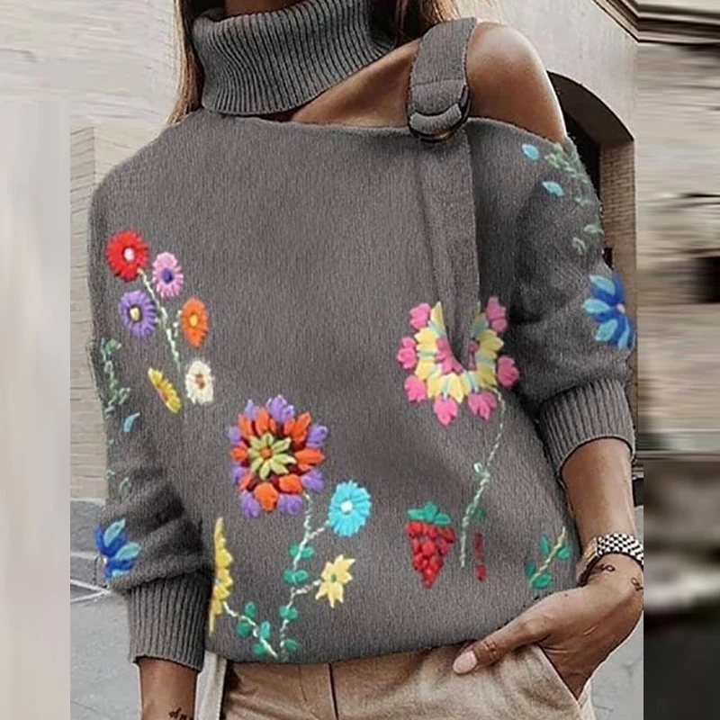 Women Turtleneck Hollow Off Shoulder Long Sleeve Knitted Pullover Embroidered Printing Loose Sweater Tops Autumn Vintage Sweater