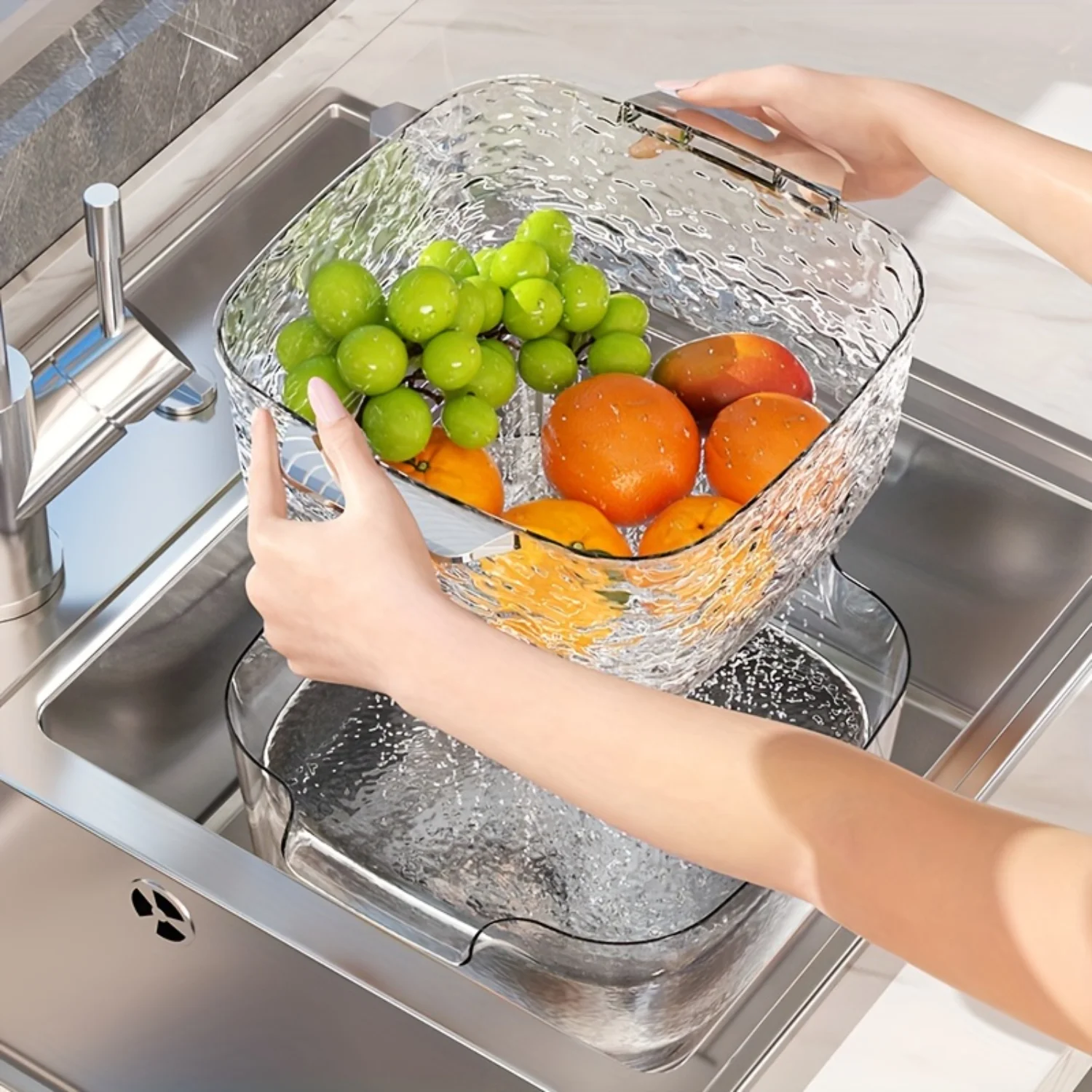 1 pc,  double-layer draining basket, transparent vegetable washing basin, vegetable basket, rice basket, fruit basin  basket, ve