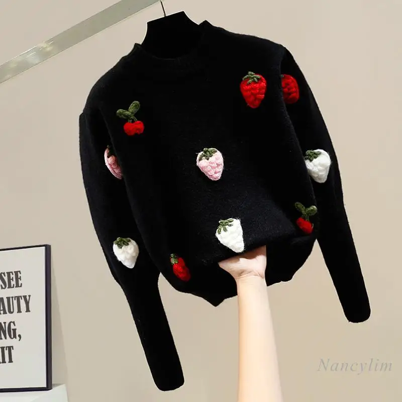 Fashionable Black Sweater Contrasting Colors Sweet Three-dimensional Cherry Strawberry Round Neck Pullover Sweater Women's Pull