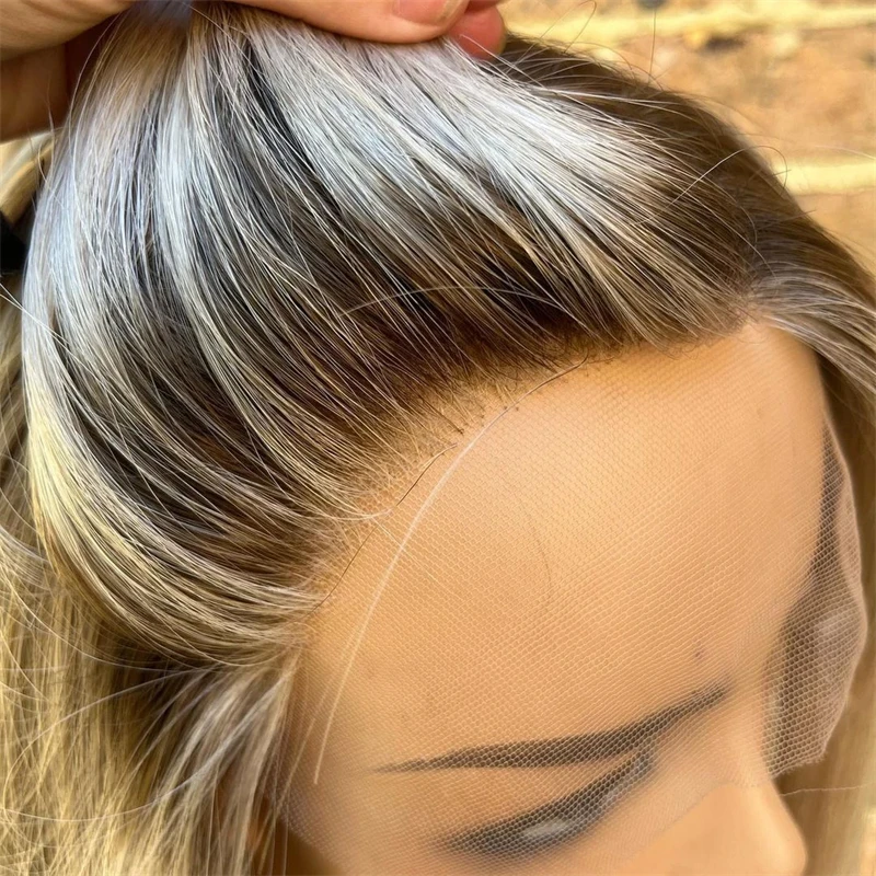 13x1 ombre cinza platina loira em linha reta hd transparente perucas dianteiras do laço preplucked linha fina perucas de cabelo remy 100% remy cabelo humano