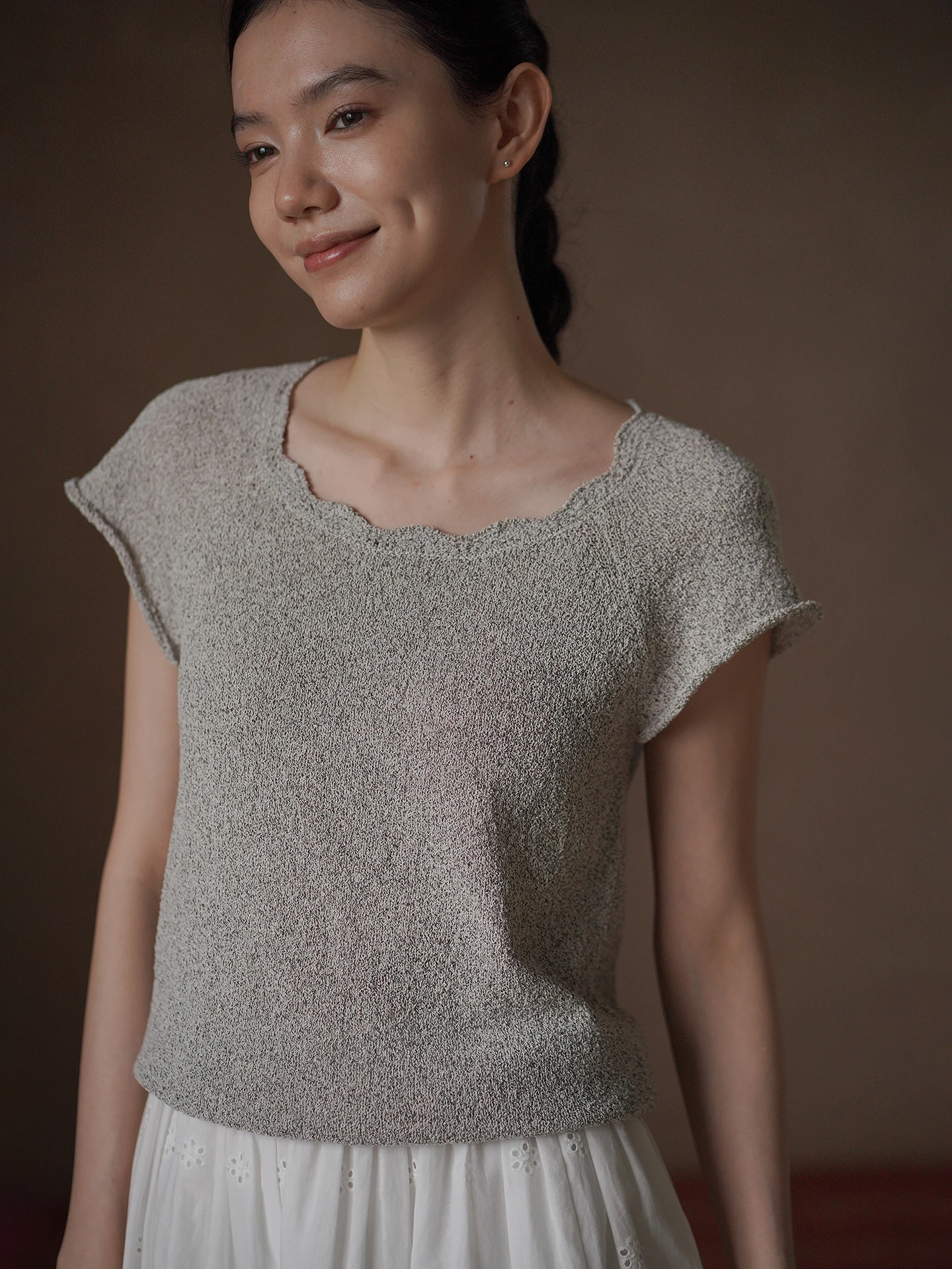 Hacikis Gentle Atmosphere Mixed Color Wave Knit Short Sleeve Square Collar Simple Design Women's Top Polyester Acrylic Fiber