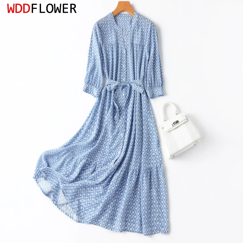 Women Silk Midi Dress 100% Mulbery Silk 16 Momme Blue Floral Printed Ruffles Big Hem V Neck Half Sleeve Long Dress L XL MM956