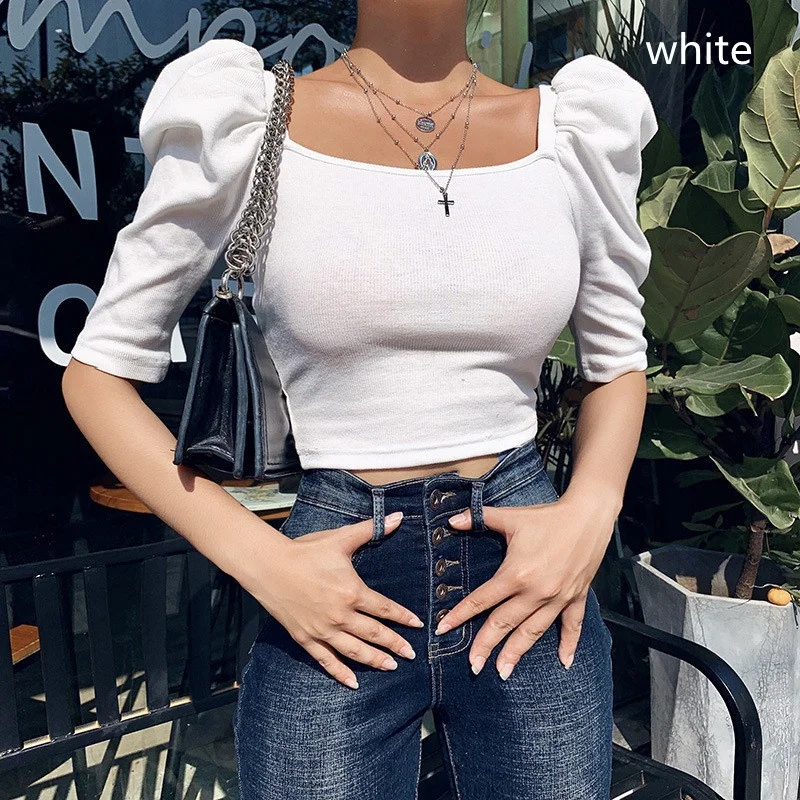 HONGHANYUAN Women Tops 8 Colors Slim Puff Sleeve Top Pure Color Square Collar Crop Top Short Sleeve T-shirt Size S-3XL