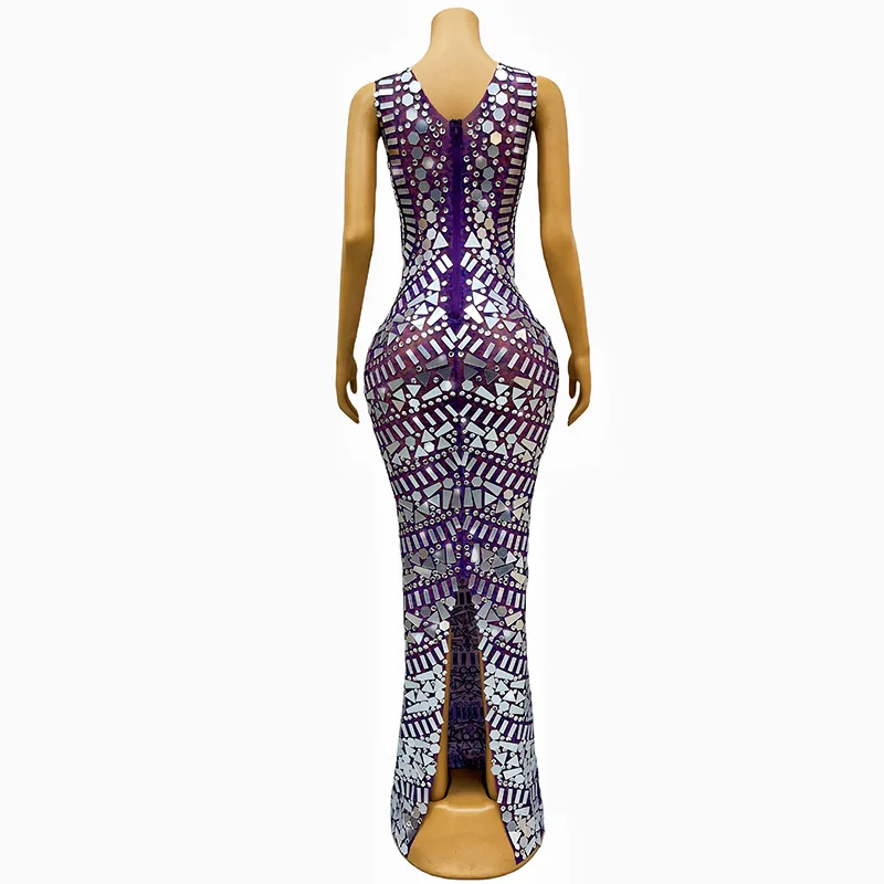 เพชรวันเกิดเสื้อผ้าสีม่วงเอวไนท์คลับบาร์เพชรชุดนักร้องรุ่น Catwalk จัดเลี้ยง Vestidos Para Mujer