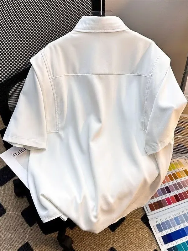 Premium Feel Ice Silk Short Sleeve Men's Shirt Summer Loose Fit Hanging Draping Half Sleeve Breathable Cool Feeling Korean St...