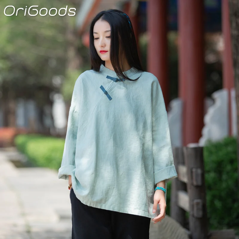 

OriGoods Chinese Traditional Clothing Long Sleeve Shirt Loose Linen Cotton Spring 2024 New Shirts National Blusas Tops B052